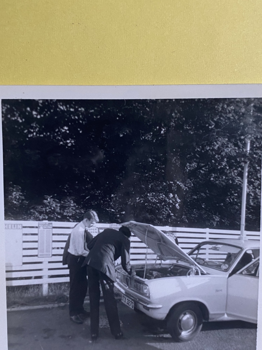 30 July 1969: A minor crisis on the way to Dublin for the Glorney Cup. Phil Vasil’s car has overheated and team captain Philip Alder is assisting. The rising water vapour is just visible! Photo: D O Vaughan.